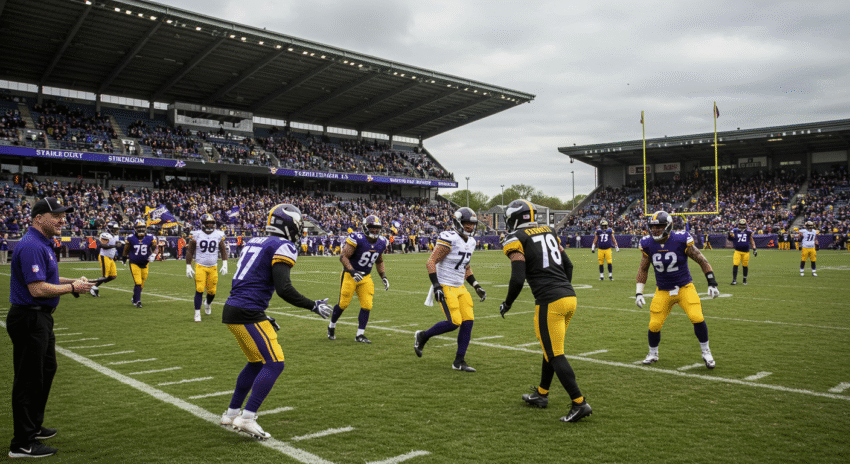 Jogo de futebol americano entre Vikings e Steelers em Dublin, com torcedores e jogadores em ação