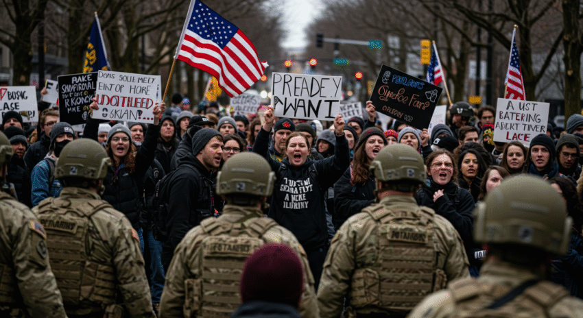 Protesto em Portland com manifestantes se unindo contra tropas federais, mostrando cartazes e bandeiras.