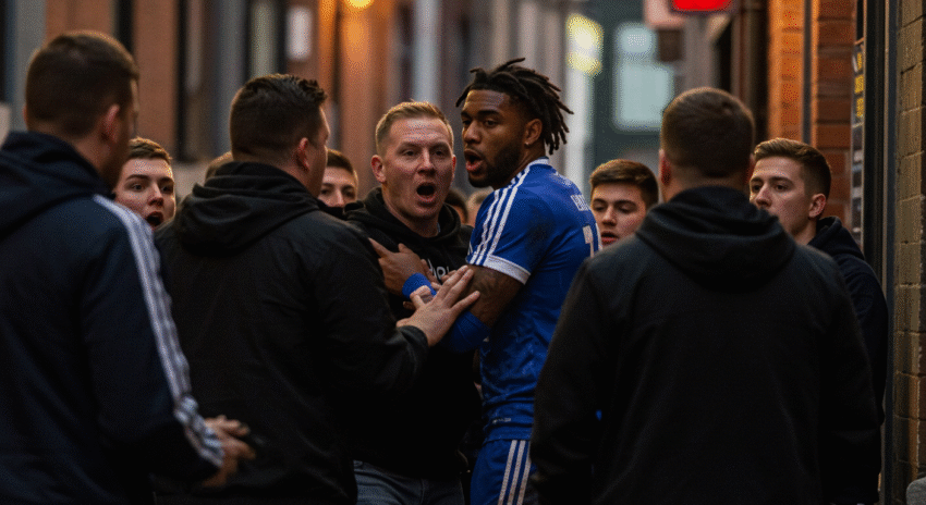 Skylar Thompson being surrounded during a robbery incident in Dublin, with witnesses around.